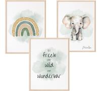 Tianyi-® Lot De 3 Posters Pour Chambre D'enfant A4 - Sticker Mural Décoratif Pour Chambre De Bébé Garçon Et Fille - Éléphant, Arc-En-Ciel, Sauvage Merveilleux, Sans Cadre (Vert, Éléphant)