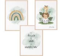 Tianyi-Lot De 3 Posters Pour Chambre D'enfant A4 - Sticker Mural Décoratif Pour Chambre De Bébé Garçon Et Fille - Arc-En-Ciel Éléphant, Girafe, Lion Et Sauvage Merveilleux - Sans Cadre (Vert, Amis