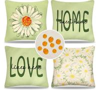 Tianyi-Lot De 4 Housses De Coussin 40x40cm D'extérieur Imperméable Verte Fleurs Printanières Housse Coussin Décorative Lin Marguerite Blanche Taie D'oreiller Carrée Pour Canapé Lit Jardin Extérieur
