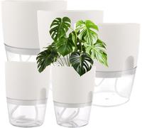 TIANYI-Lot de 5 pots à herbes aromatiques à arrosage automatique - 15,3 cm/10,5 cm/8,2 cm - En plastique - Avec auto-arrosage et stockage d'eau - Pour rebord de fenêtre, cuisine - Blanc