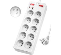 TIANYI-Multiprise USB C,Bloc 10 Prises Française avec Terre 2P+T,Prise Multiple avec Interrupteur Parasurtenseur,Multiprise Parafoudre et Surtension PD20W USB C Chargeur,Rallonge Electrique 2m Câble,