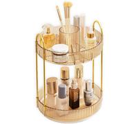 Tianyi-Organisateur Maquillage Rotatif 360° Rangement Maquillage 2 Niveaux Organisateur De Cosmétiques Avec Porte-Balais Présentoir Cosmétique Organisateur De Parfum Pour Commode, Salle De Bain, Doré