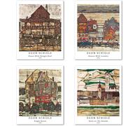 Tianyi-Peinture De Modèle D'art Décoratif En 4 Pièces, Décoration Murale D'image De Motif De Paysage Sans Cadre, Taille Du Papier D'art: 28x35 Cm, Vintage Beige Pour Salle De Bain Egon Schiele Painti