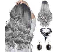 Tianyi-Perruque Halloween Femme, Perruques Naturelle, 65cm Gris Ombré Longue Bonnet Perruque Avec Filet À Cheveux Collier Et D'oreilles Pour Deguisement Halloween Femme Cosplay Fête (Noir)