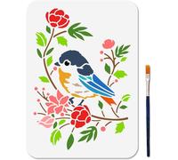 Tianyi-Pochoir De Branche D'oiseau Modèle De Peinture D'oiseau De Feuille De Fleur Avec Pinceau 29.7x21cm Modèle D'art Botanique Animal Pochoir Réutilisable Pour Bois Mur Tissu Décoration La Maison