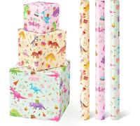 Tianyi-Rouleaux De Papier Cadeau Dinosaure - 3 Rouleaux De Papier Cadeau Rose Dinosaure Pour Enfants Fille Papier Cadeau D'anniversaire Jurassique Avec Ligne De Découpe 43cm X 3m