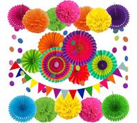 Tianyi-Zerodeco Décoration De Fête Fournitures, 21 Pièces Multicolore Papier Pompoms Fleurs, Eventail Boule, Banderole En Triangle, Ventilateur De Guirlandes Fête D'anniversaire, Fiesta Mexicain Carn