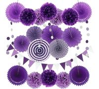 Tianyi-Zerodeco Décoration De Fête Fournitures, 21 Pièces Violet Papier Pompoms Fleurs Eventail Boule Banderole En Triangle Ventilateur De Papier Et Guirlandes Fête D'anniversaire Douche De Bébé Déco