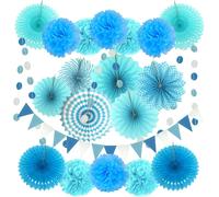 Tianyi-Zerodeco Ensemble De Décoration De Fête Bleu Avec 21 Éventails En Papier À Suspendre Pompons Guirlandes Fanions Triangulaires Pour Fêtes D'anniversairefêtes Nuptiales Fêtes Prénatales Mariages