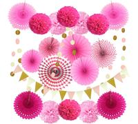 Tianyi-Zerodeco Ensemble De Décoration De Fête Rose Avec 21 Éventails En Papier À Suspendre Pompons Guirlandes Fanions Triangulaires Pour Fêtes D'anniversairefêtes Nuptiales Fêtes Prénatales Mariages
