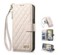 TIANYUE Coque pour Honor 600 Lite téléphone Portable de Type Portefeuille à Fermeture éclair avec Un Motif en Losanges, TPU Antichoc Coque avec Porte Cartes Dragonne-Blanc