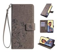 TIANYUE Coque pour Realme GT8 Pro 5G, Etui en Cuir PU avec Support, Motif Fleurs et Papillons Case avec Rangements Porte-Cartes de Crédi pour Realme GT8 Pro 5G-Gris