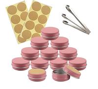 TIANZD 100 Pièces 10 ml Vide Rond Rose Pots en Aluminium Cosmétiques Pot Canettes Bocaux Conteneurs 10ml for Fait Main Bougies Crème Baume Voyage, 3x aluminium cuillère, 100x Étiquettes