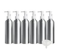 TIANZD 6 Pièces Portable Vide Flacon Distributeur Aluminium 250 ML Argent Bouteille avec Pompe Gel pour l'eau Lotion Gel Douche Savon Shampooing Cosmétique Voyage Rechargeable, 1 Pièce Entonnoir