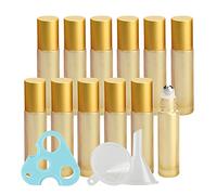 TIANZD Lot de 12, Flacons à Bille pour Huiles Essentielles 10ml - Bouteilles Roll-on en Verre Jaune avec Couvercle Or avec Rouleau en Acier Inoxydable (1 décapsuleur et 1 entonnoir)