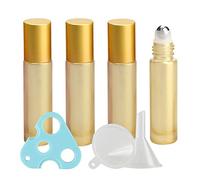 TIANZD Lot de 4, Flacons à Bille pour Huiles Essentielles 10ml - Bouteilles Roll-on en Verre Jaune avec Couvercle Or avec Rouleau en Acier Inoxydable (1 décapsuleur et 1 entonnoir)