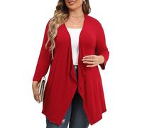 TIANZHU Cardigan à manches 3/4 pour femme, drapé ouvert sur le devant, couche de détente légère XL-4XL, grand format, rouge, 4XL