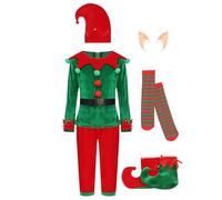 TiaoBug 7Pcs Déguisement Lutin Enfant Garçon Costume Elfe de Noël Ensemble Costume Noël avec Oreilles d'elfe/Chapeau/Bas/Chaussures Cosplay Carnaval Halloween Vert 7-8 ans