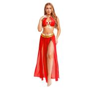 TiaoBug Costume Danse du Ventre Femme Tenue Danse Orientale Belly Dance Soutien-Gorge Danse Orientale et Jupe Déguisement Indien Princesse Costume Spectacle S-XXL Rouge M