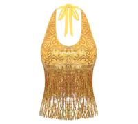 TiaoBug Débardeur Danse Orientale Femme Bra Soutien-Gorge Danse Orientale Paillette Brillant à Frangé Haut de Danse du Ventre Costume Carnaval Halloween Performance Or Taille Unique