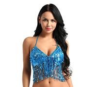 TiaoBug Débardeur Femme Haut Danse du Ventre Belly Orientale Tops à Paillettes Frange Soutien-Gorge Brassière Veste Soirée Bal Performance Bleu Lac Taille Unique