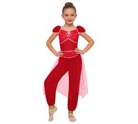 TiaoBug Déguisement Arabe Enfant Fille Cosplay Princesse Arabian Costume Belly Dance Tulle Paillette Combinaison Cosplay Carnaval Halloween 5-16 Ans Rouge 15-16 ans