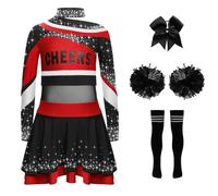 TiaoBug Déguisement Uniforme Pompom Fille Ensemble Costume de Pom-pom Girl Enfant 5 Pièces Robe Ecole avec Pompons Serre-tête et Chaussettes Cosplay Carnaval Halloween Rouge Noir 7-8 ans