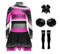 TiaoBug Déguisement Uniforme Pompom Fille Ensemble Costume de Pom-pom Girl Enfant 5 Pièces Robe Ecole avec Pompons Serre-tête et Chaussettes Cosplay Carnaval Halloween Rose vif noir 15-16 ans
