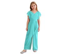 TiaoBug Enfant Fille Combinaison de Salopette Longue Barboteuses Col V Manches Courtes à Volants Costume Mariage Soirée Cérémonie Formelle Jumpsuit Playsuit 7-14 ans Turquoise 13-14 ans