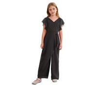 TiaoBug Enfant Fille Combinaison de Salopette Longue Barboteuses Col V Manches Courtes à Volants Costume Mariage Soirée Cérémonie Formelle Jumpsuit Playsuit 7-14 ans Noir 13-14 ans