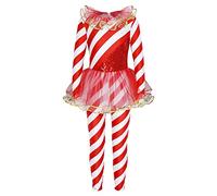 TiaoBug Enfant Fille Déguisement de Noël Candy Cane Costume Sucre d'orge Bonbons Paillettes Rayure Tutu Robe Danse Manche Longue Justaucorps Gymnastique Rouge 13-14 ans