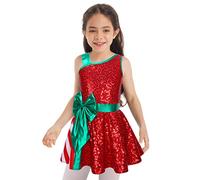 TiaoBug Enfant Fille Déguisement Elfe de Noël Lutin Robe de Mère Noël Tutu Paillette sans Manches à Rayure Costume Santa Claus Robe Danse Soirée Performance 3-14 ans Rouge 13-14 ans