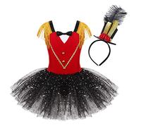 TiaoBug Enfant Fille Déguisement Monsieur Loyal Costume Cirque Ringmaster Tutu Paillettes Robe Cirque avec Chapeau Frangée Cosplay Carnaval Halloween Noël 2-14 Ans B Rouge 2-3 ans