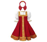 TiaoBug Enfant Fille Déguisement Russe Traditionnel Cosplay Costume Halloween Noël Carnaval Robe Princesse Soirée à Manches Bouffantes et Bandeau 2-8 Ans Rouge 5-6 Ans