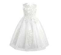 TiaoBug Enfant Fille Dentelle Robe de Cérémonie Broderie Demoiselle d'Honneur Mariage Organza Sans Manche Princesse Soirée 3-14 Ans Ivoire 12 Ans