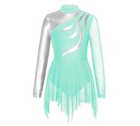 TiaoBug Enfant Fille Justaucorps de Gymnastique Asymétrique Robe Danse Ballet Brillante Manches Longues Tenue de Patinage Artistique Robe Sport Latine Dancewear 5-16 Ans Blue-green H 5-6 ans