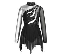 TiaoBug Enfant Fille Justaucorps de Gymnastique Asymétrique Robe Danse Ballet Brillante Manches Longues Tenue de Patinage Artistique Robe Sport Latine Dancewear 5-16 Ans Noir H 13-14 ans