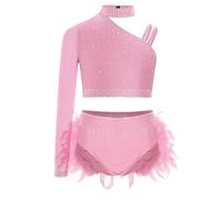 TiaoBug Enfant Fille Justaucorps Gymnastique Paillette Robe Danse Lyrique Une Manche Longue Léotard de Danse Latine Jazz Rumba Salsa Valse Tango Dancewear 5-16 ans Rose 9-10 ans