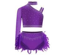 TiaoBug Enfant Fille Justaucorps Gymnastique Paillette Robe Danse Lyrique Une Manche Longue Léotard de Danse Latine Jazz Rumba Salsa Valse Tango Dancewear 5-16 ans Violet 13-14 ans