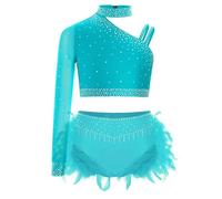 TiaoBug Enfant Fille Justaucorps Gymnastique Paillette Robe Danse Lyrique Une Manche Longue Léotard de Danse Latine Jazz Rumba Salsa Valse Tango Dancewear 5-16 ans Bleu vert 9-10 ans