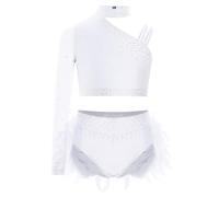 TiaoBug Enfant Fille Justaucorps Gymnastique Paillette Robe Danse Lyrique Une Manche Longue Léotard de Danse Latine Jazz Rumba Salsa Valse Tango Dancewear 5-16 ans Blanc 15-16 ans