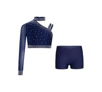 TiaoBug Enfant Fille Justaucorps Gymnastique Strass Léotard Danse Ballet Classique Une Manche Longue Costume Danse Latin Jazz Rumba Salsa Valse Tango Dancewear 5-16 ans Bleu marine 13-14 ans