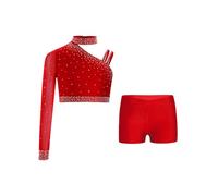 TiaoBug Enfant Fille Justaucorps Gymnastique Strass Léotard Danse Ballet Classique Une Manche Longue Costume Danse Latin Jazz Rumba Salsa Valse Tango Dancewear 5-16 ans Rouge 11-12 ans