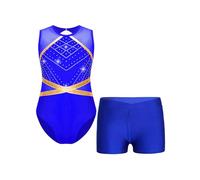 TiaoBug Enfant Fille Justaucorps Gymnastique Strass Léotard de Danse Ballet sans Manche Body Combinaison et Short de Sport Patinage Artistique Dancewear 5-16 ans Bleu B 5-6 ans