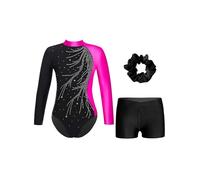 TiaoBug Enfant Fille Justaucorps Gymnastique Strass Léotards de Danse Ballet Manches Longues Body Combinaison Paillette et Short Ensemble Patinage Artistique 5-16 ans Rose&Noir F 7-8 ans