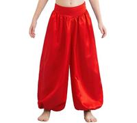 TiaoBug Enfant Fille Pantalon Danse du Ventre Classique Satin Pantalons Danse Orientale Indienne Harem Pantalon Yoga Sarouel Costume Belly Dance Performance 5-16 Ans Rouge 11-12 Ans