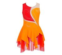 TiaoBug Enfant Fille Robe Danse Classique Asymétrique Justaucorps Gymnastique Paillette sans Manches Robe Patinage Artistique Competition Dancewear 5-16 Ans Orange F 15-16 ans