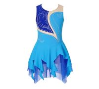 TiaoBug Enfant Fille Robe Danse Classique Asymétrique Justaucorps Gymnastique Paillette sans Manches Robe Patinage Artistique Competition Dancewear 5-16 Ans Bleu F 7-8 ans
