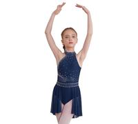 TiaoBug Enfant Fille Robe de Danse Lyrique Strass Tutu Justaucorps Patchwork Gymnastique sans Manches Robe Patinage Artistique Costume Performance Dancewear 5-16 Ans Bleu marine C 9-10 ans