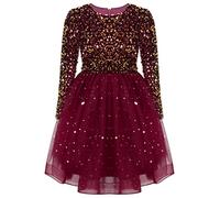 TiaoBug Enfant Fille Robe Princesse Anniversaire à Paillettes Manche Longue Tulle Robe Soirée Mariage Cérémonie Cocktail Robes de Fête Carnaval Rouge 5-6 Ans